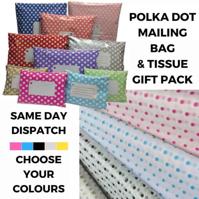 Polka Dot Tissue Paper & Mailing Bag Mix Pack - Polythene Post Gift Wrapping Kit