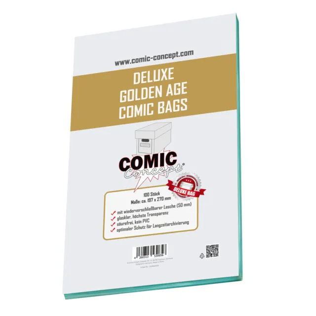 300x Comic Concept Deluxe Golden Age Comic Bags (197 x 270 mm) mit Lasche 2