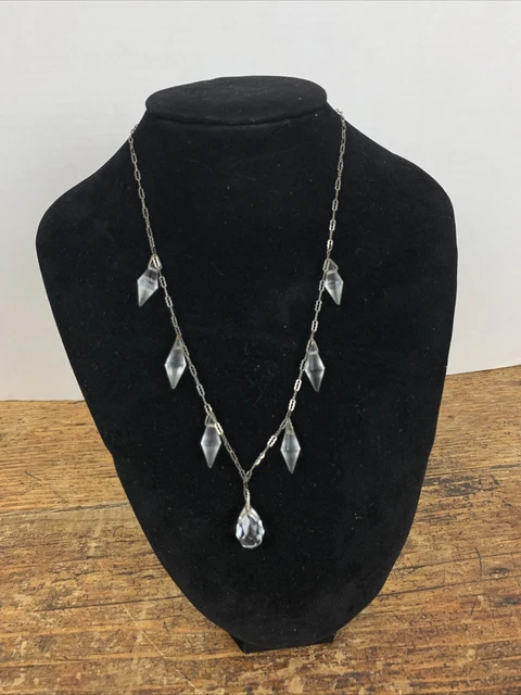 VTG Art Deco (7) Faceted Prism Crystal Dangle Necklace 17-in.