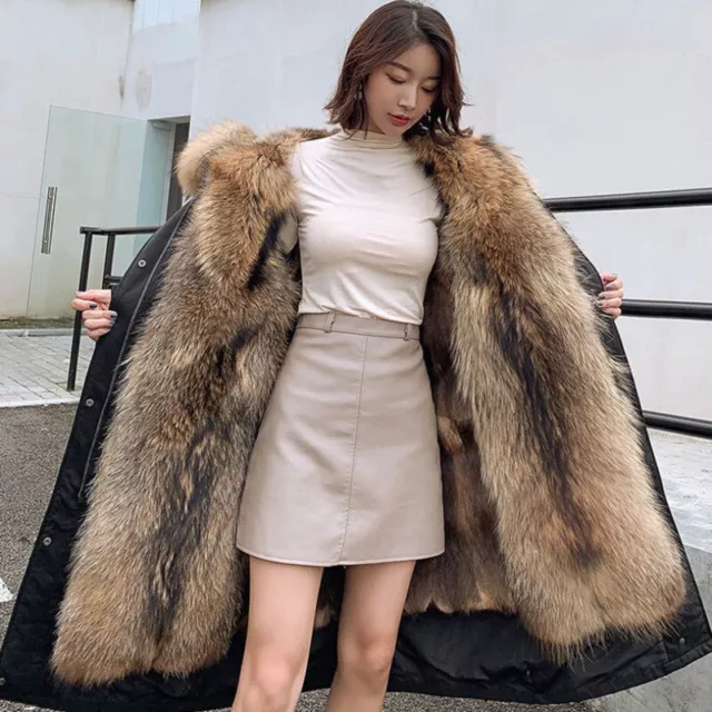 Lady’s Winter Warm Faux Fur Lined Hoodie Outwear Detachable Long Parka Overcoat