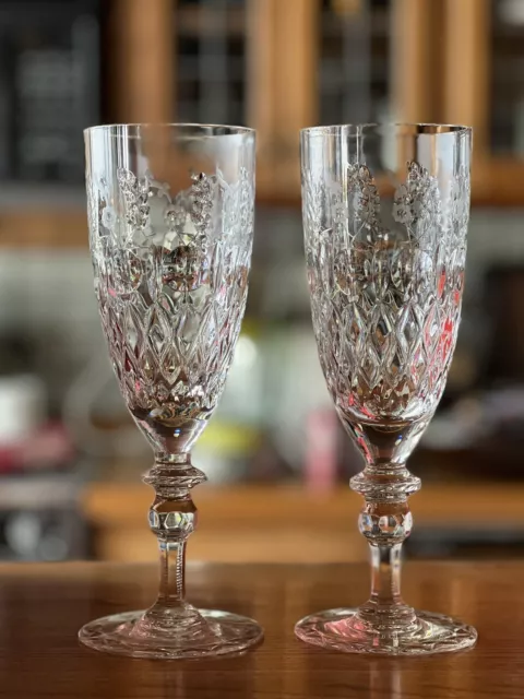 Pair of Rogaska Gallia Etched Cut Crystal Wine Water Goblet Glasses 9 5/8” Tall