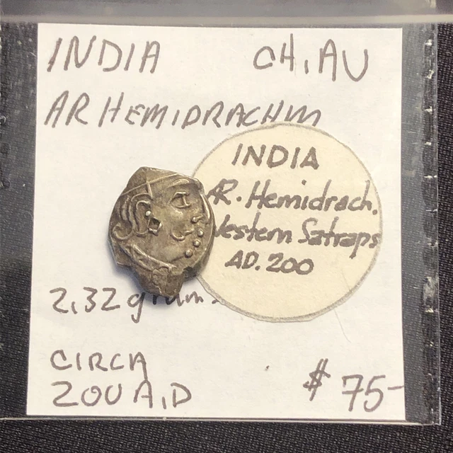 Ancient Coin India   Silver hemidrachm  200 Ad Western Satraps Very High Grade