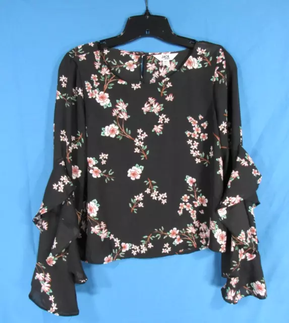 JACK By BB DAKOTA Thin CREPE Black FLORAL PRINT Ruffle Bell Sleeve BLOUSE/TOP XS