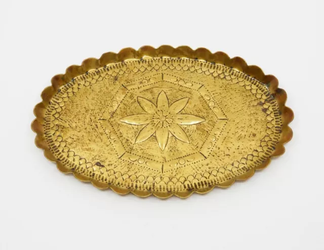 Antique Late 19th Century Brass Serving Tray - Repousse & Engraved Design