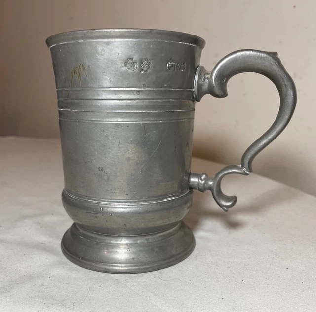 RARE ANTIQUE 18TH century handmade pewter beer mug stein early touch