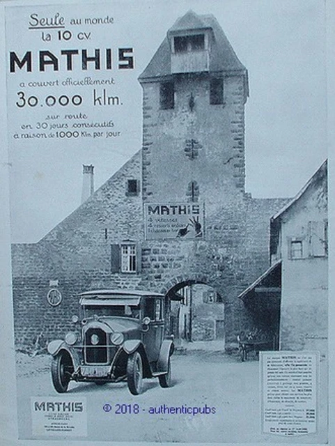Publicité Ancienne Auto Mathis Torpédo 8 CV 1926 - Issue De Magazine, France