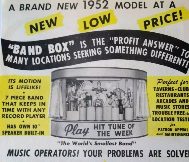 Band Box Jukebox Flyer 1952 Original Mechanical Manikin Musicians Chicago Coin