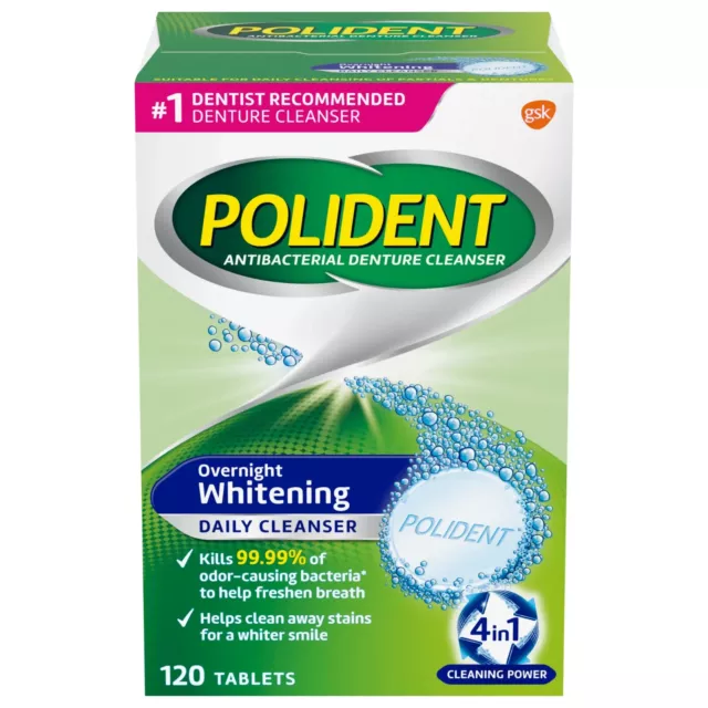 Polident Overnight Whitening Antibacterial Denture Cleanser Tablets, 120 Count