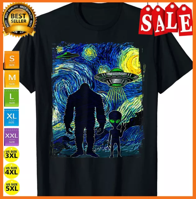 Starry Night Bigfoot UFO Alien Aesthetic Women Mens T-Shirt