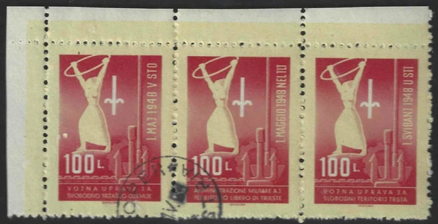 Trieste Zone B #3a CTO CV$90.00 100l Trilingual Strip May Day Gymnast/Arms