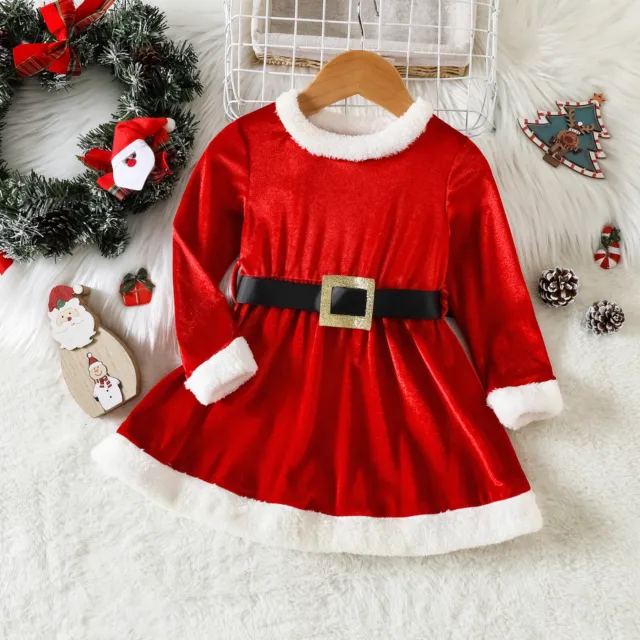 Toddler Kids Girl Christmas Outfit Fleece Long Sleeve Velvet Princess Dress Belt