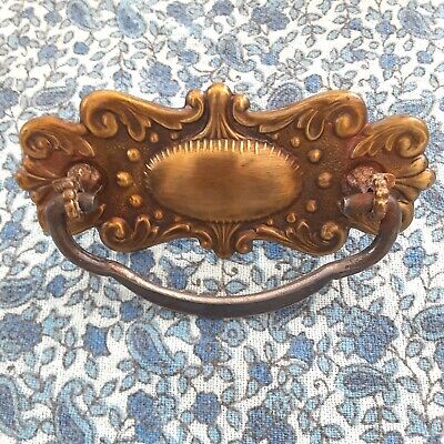 Single delicate ornate antique brass drawer pull lightweight 4.5X2
