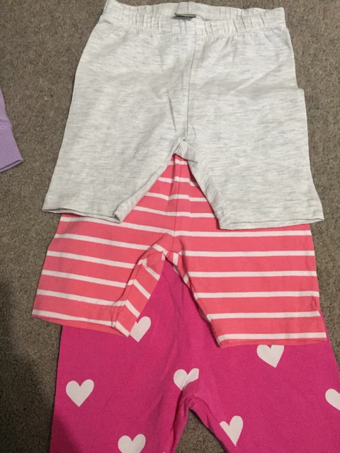 Camicie da ciclismo nuove senza etichette TU bambine rosa grigio a righe cuore x3 12-18 mesi