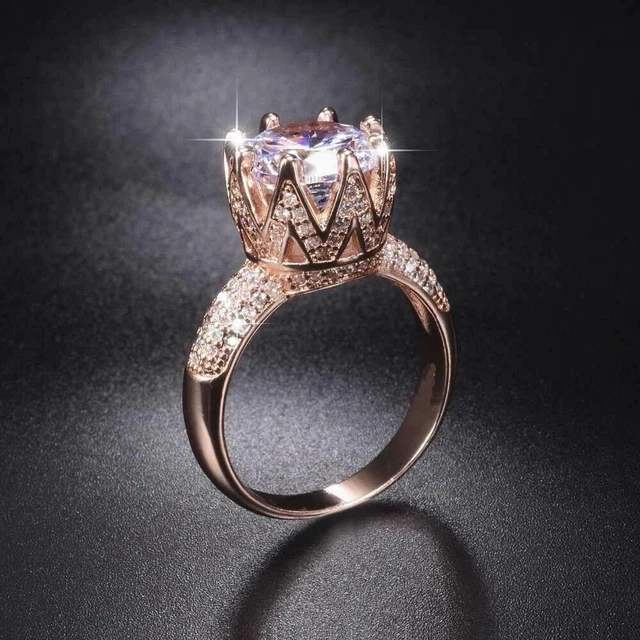 3CT Round Simulated Diamond Crown Fancy Wedding Ring 14k Rose Gold Over Silver