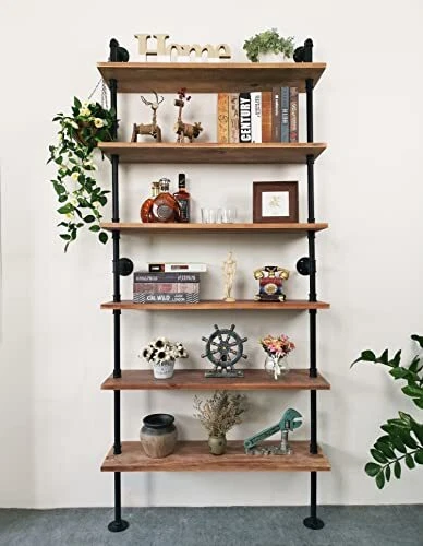 6 Tier Industrial Ladder Pipe Shelf Bookcase, Rustic Wall Mounted Pipe