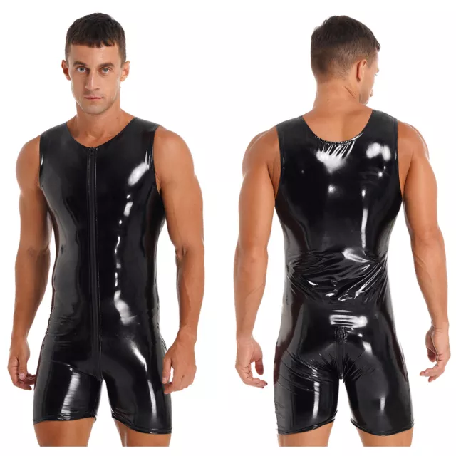 Herren Wetlook Body Unterwäsche Einteiler Bodysuit Ärmellos Lack Leder Dessous