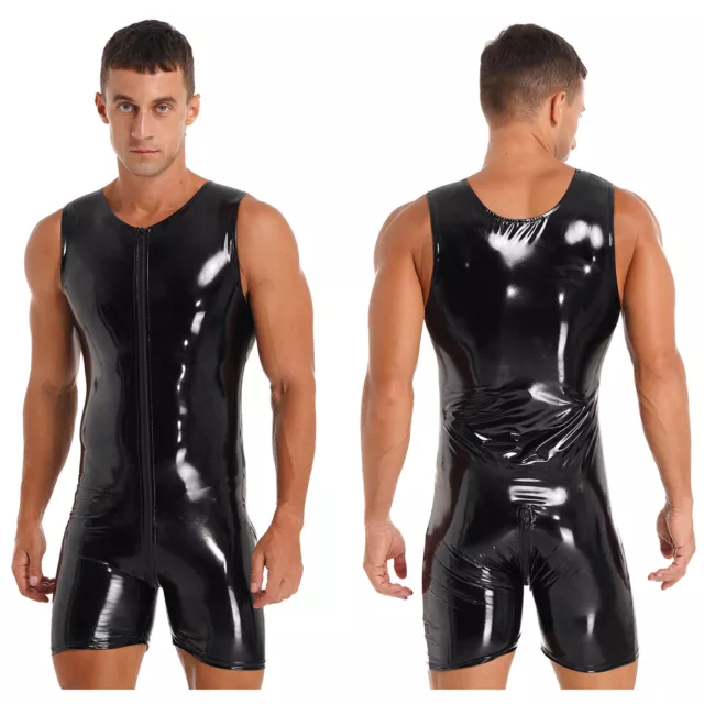 SEXY MENS ONE Piece Wetlook Patent Leather Zipper Croth Leotard Catsuit ...