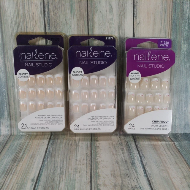 Lot 3 Nailene Fake Nails Studio French Short Assorted Square Manicure Kit #157