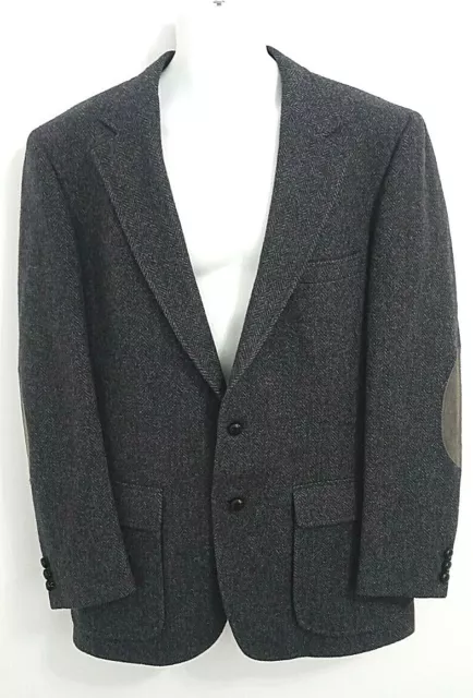 John Alexander Men's Vintage Sport Coat Blazer 42R Gray Wool Tweed Suede Patches