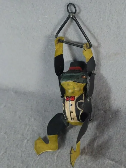 Vintage Hanging Swinging Frog with Top Hat and Tuxedo Painted Metal Wood 6 1/2"