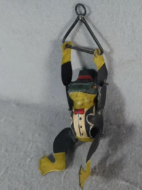 Vintage Hanging Swinging Frog with Top Hat and Tuxedo Painted Metal Wood 6 1/2"