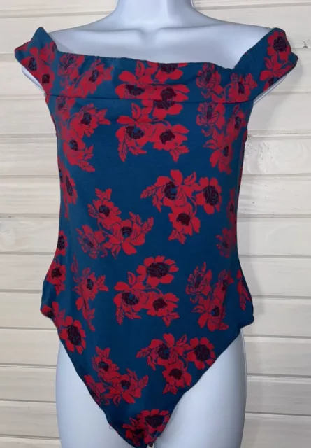 Intimately By Free People Sz MEDIUM Bodysuit Floral Blue Red Thong Off Shoulder