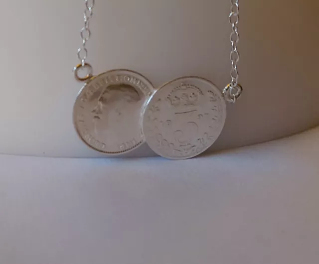 Two Coin Necklace Solid sterling silver threepence coins , genuine coins