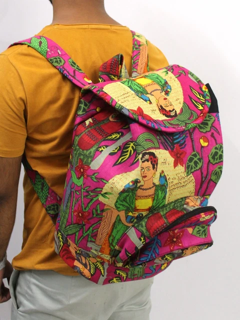 Handmade Pink Frida Kahlo Cotton Bags Indian Backpack Hippie Unisex Fashion Bags