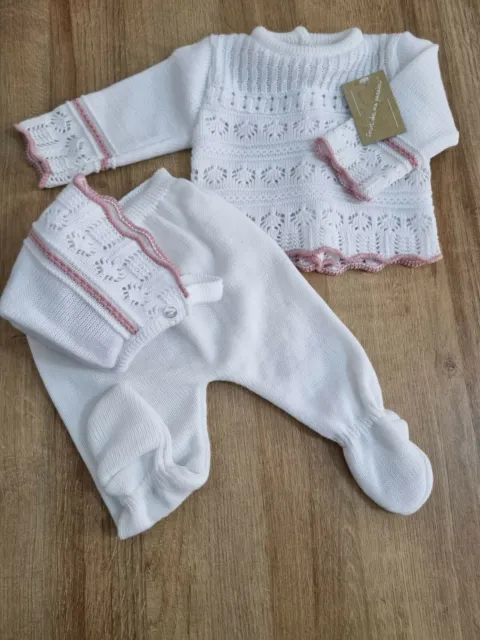 Newborn Baby Girl Knitted Outfit & Bonnet Girls Spanish White Pram Gift Set