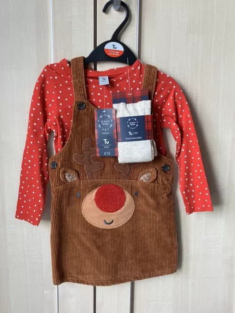 BNWT Baby Girl’s Christmas Reindeer Pinafore Dress, Top & Tights 12-18 Months