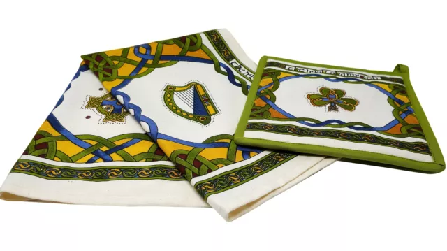 Ireland Celtic Symbols Print Kitchen Textile Set Dish Towel Pot Holder Cotton