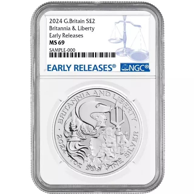 2024 UK 2 Pound Silver Britannia &amp; Liberty 1 oz NGC MS69 ER Blue Label