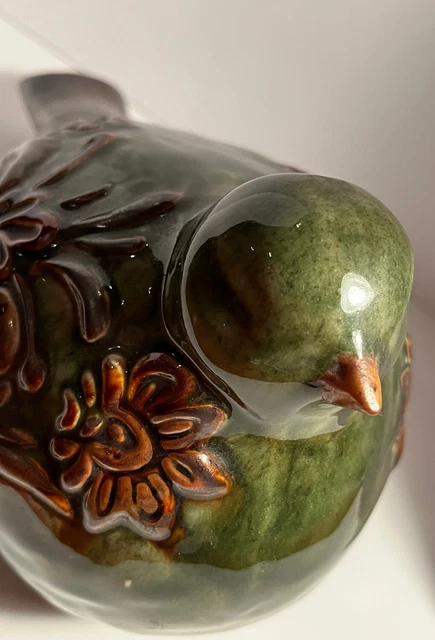 Large Ceramic Green Bird Figurine Brown Floral Glazed 6" Tall 4