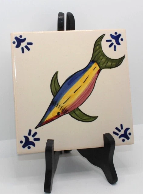 Vintage Portugal Hand Painted Tile Fish Shark Rainbow Square 6" x 6"