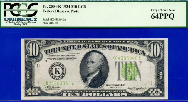 1934 $10 FRN (( Fancy Serial Number - Light Green Seal )) PCGS 64PPQ # K4303040-