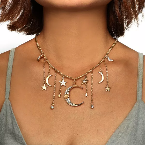 Elegant 925 Silver Cubic Zircon Moon Star Necklace Pendant Women Wedding Jewelry