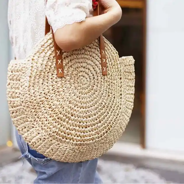 Boho Woven Women's Tote Straw Large Round Shoulder Bag