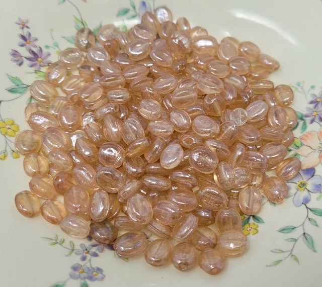 100 pcs VTG Peach Glass Marquise Beads 9mm x 7mm Flat Oval for Jewelry Crafts