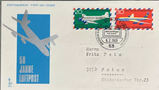 50 Jahre Luftpost 1969  Ersttagsbrief Europa
