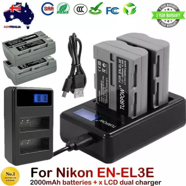 2X 2000mAh EN-EL3E Battery for Nikon D700 D300 D200 D100 D90 D80 D50 D70+Charger