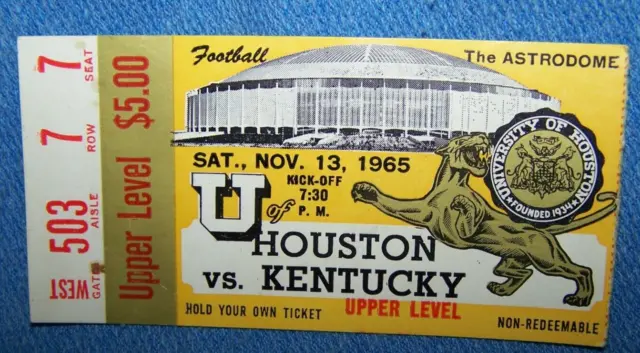 1965 Houston Cougars vs Kentucky Wildcats Full Authentic Ticket