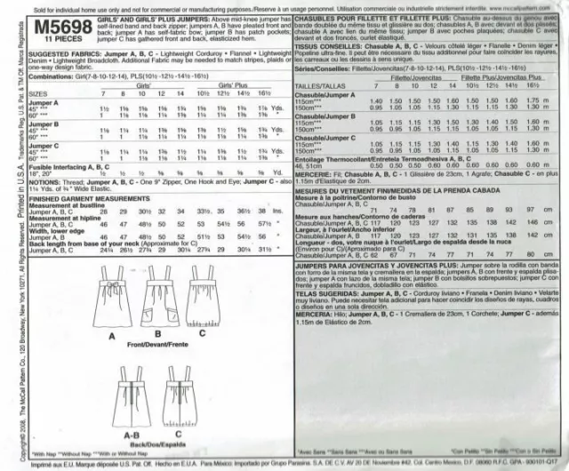 McCalls Sewing Pattern 5698 Jumpers Girls Plus Sizes 10.5 - 16.5 2