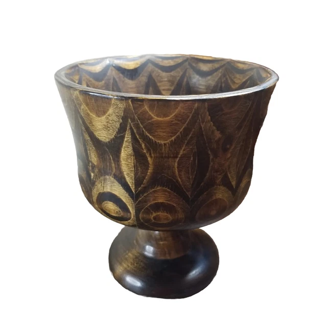 Vintage Wood Turned Pedestal Dish Compote Fruit Bowl Round Signed MCM Retro