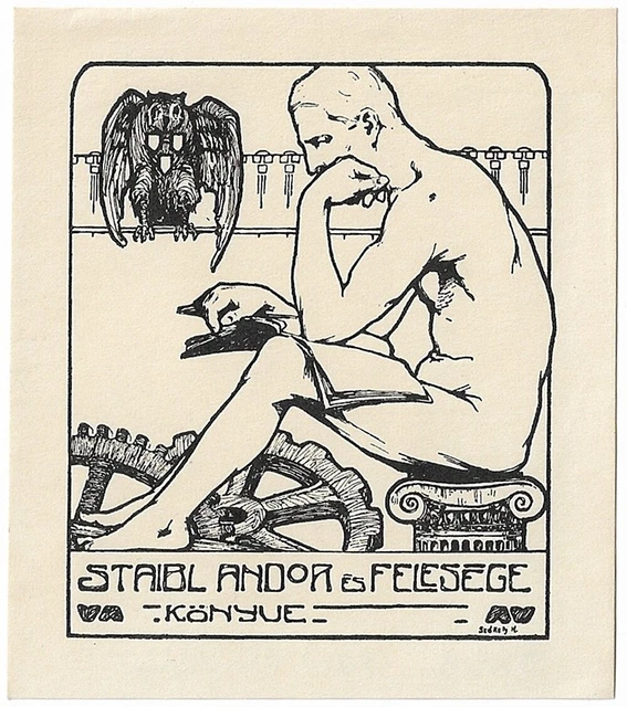KARL VON SZEKELY: Exlibris für Andor es Felesege Staibl, Eule, Zahnrad1908