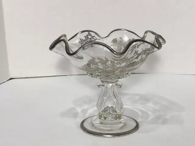 Glass Candy Dish Silver Overlay Floral Footed Pedestal Bowl Vintage