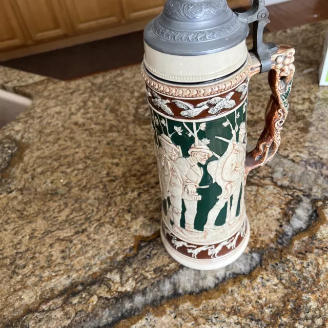 Large German Lidded Beer Stein 14” Vintage