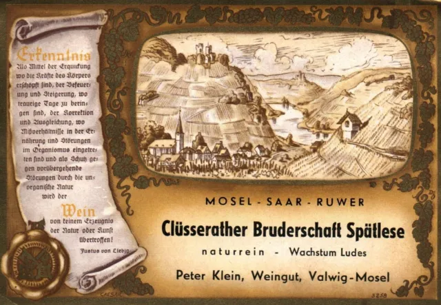 Lovely Mosel Saar Ruwer Klusserather Bruderschaft German Wine Label 1950s 1960s