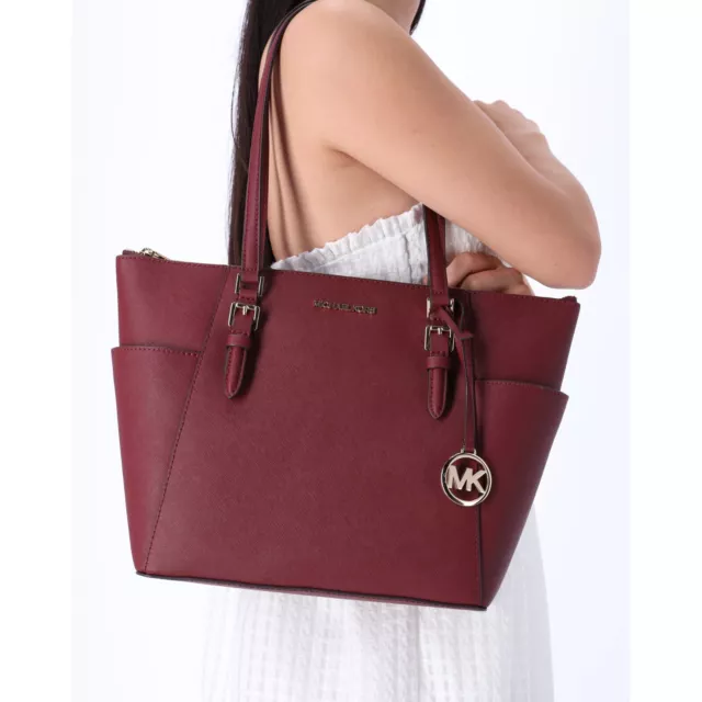 Michael Kors Charlotte Large Top Zip Leather Tote Dark Cherry Saffiano Leather