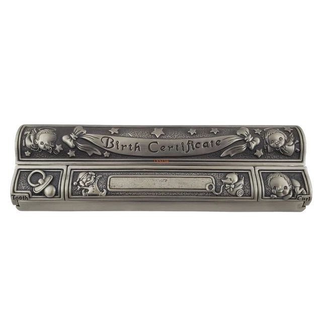 Birth Certificate First Tooth First Curl Pewter Tone Personalized Engravable Box