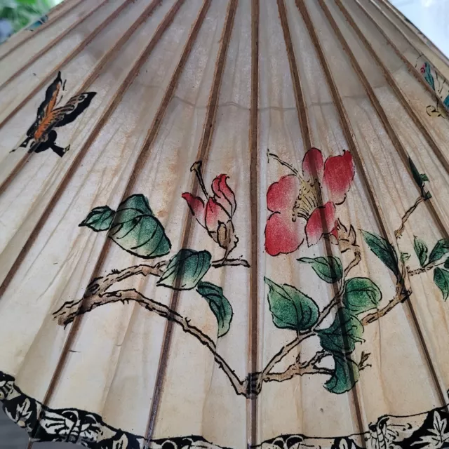 Chinese Oil Paper Umbrella Parasol Handmade Teak Leaf Bamboo Flowers Butterflies